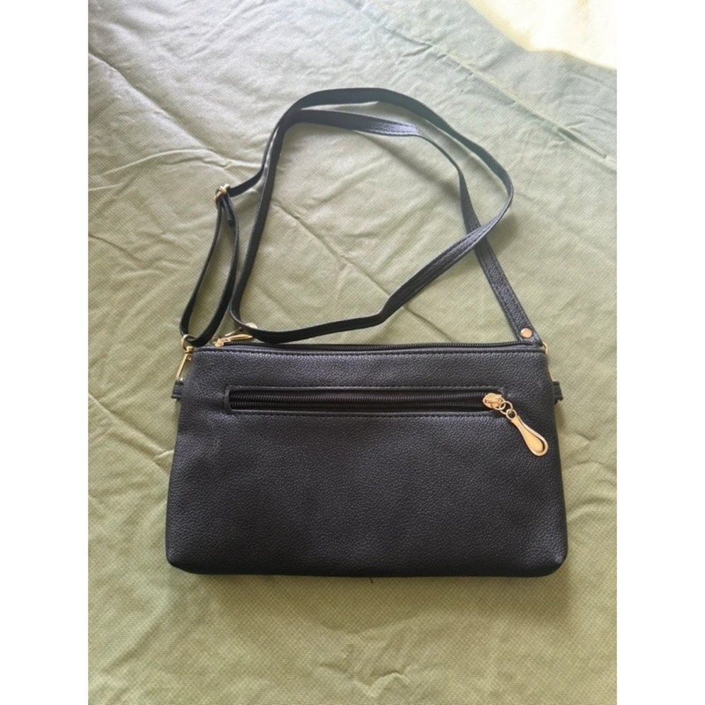 Black Pebbled Faux Leather Multi Zip Crossbody Clutch Wallet Purse